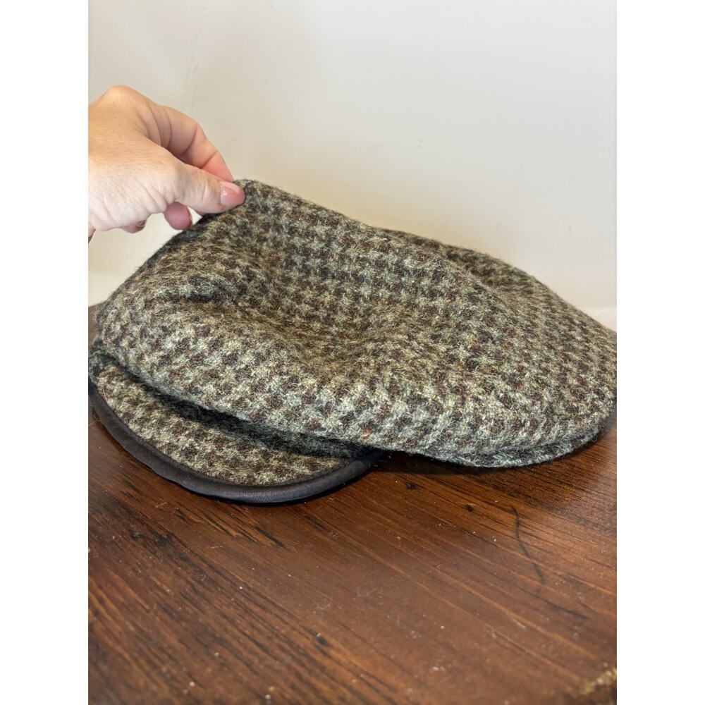 VTG Eddie Bauer Harris Tweed Newsboy Brown Green Plaid Cap Sz L Ear Flaps